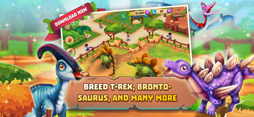Dinosaur Park: Primeval Zoo - Colorful gameplay screenshot of Dinosaur Park Primeval Zoo showing various dinosaurs and park management features.