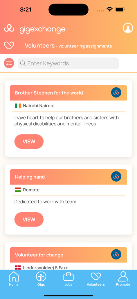 gigexchange - A screenshot of the gigexchange app displaying a list of various volunteer opportunities and assignments.