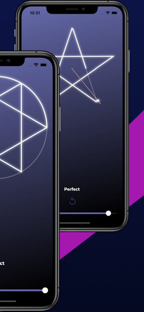 Point Paint - Draw Challenge - Point Paint mobile game screens showing one-line drawing puzzles of a star and geometric shapes on iPhones