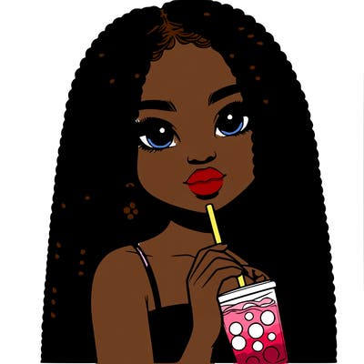 realistic girl holding a boba with braided hair