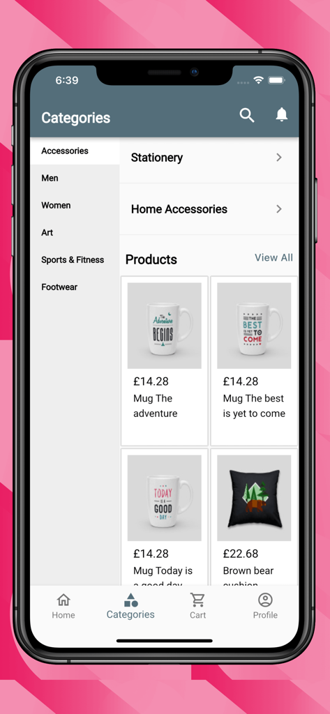 PrestaShop Mobile App - Interface do aplicativo móvel mostrando categorias de produtos e itens de compra para uma demonstração de loja PrestaShop