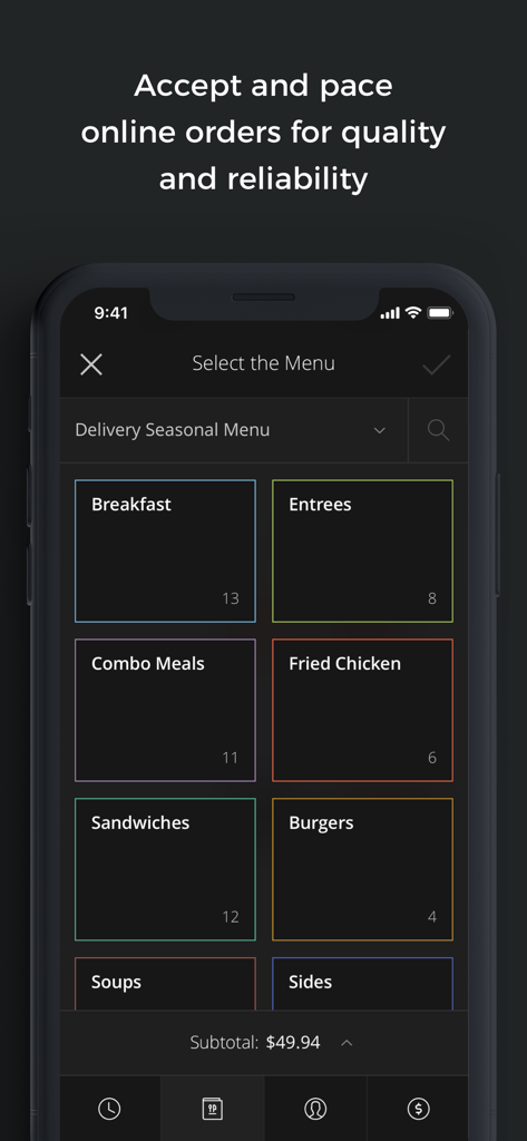 Hostme for Restaurant App-Oberfläche, die eine Menüauswahl mit Kategorien für die Verwaltung von Online-Bestellungen anzeigt.