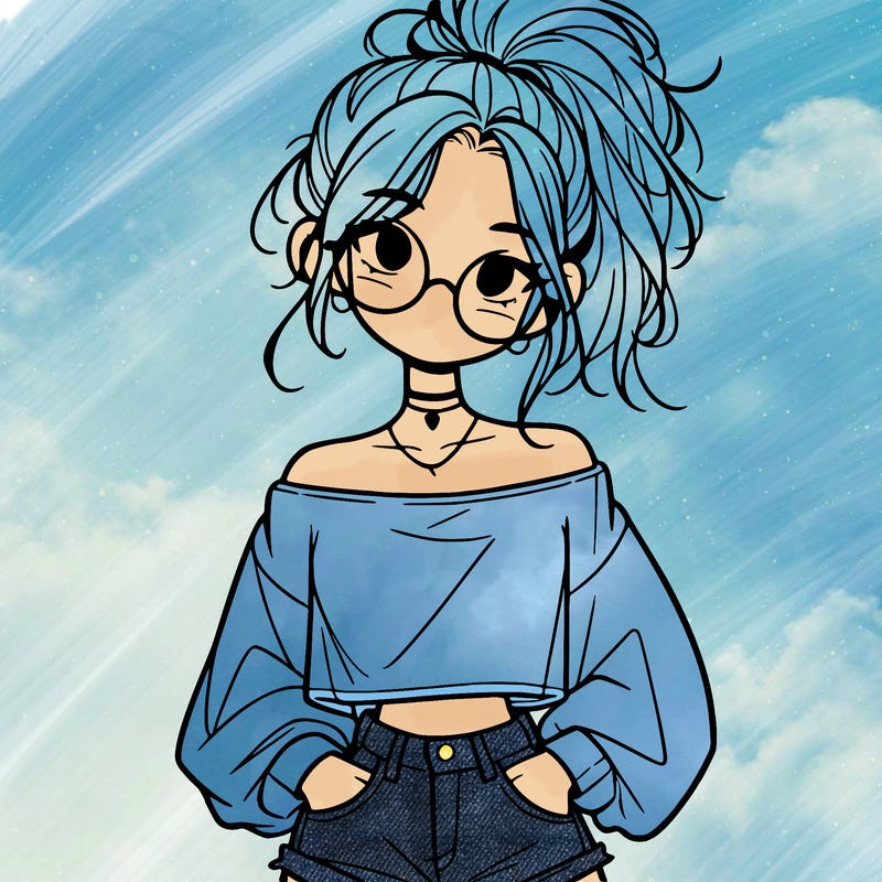 girl with a messy ponytail glasses a baggy crop top and jean shorts