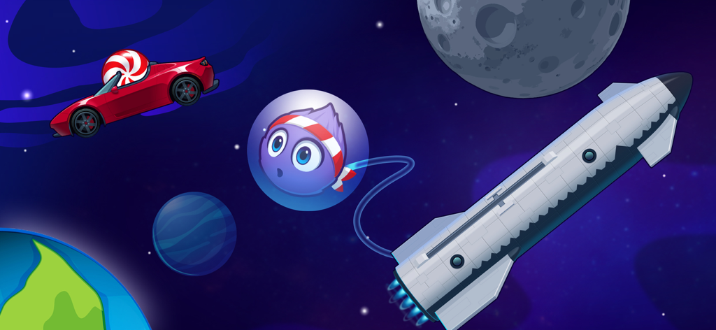 Catch the Candy 2 - The purple character Fluffy floating in space inside a bubble attached to a rocket ship.
