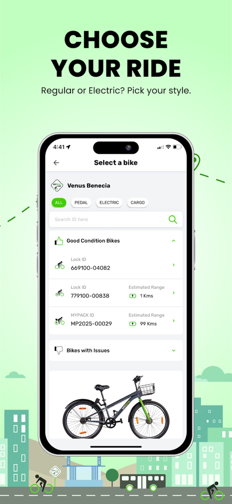 MYBYK - Pedal & EBike Rental - MYBYKアプリのインターフェース。ペダル式、電動式、カーゴバイクの選択肢と、利用可能な乗り物のリストを表示しています。