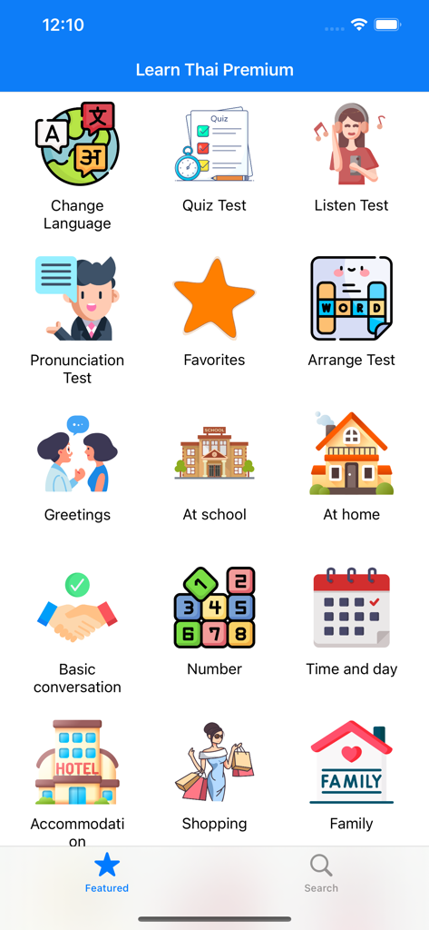 Main menu of Learn Thai Premium app displaying learning categories and language tests