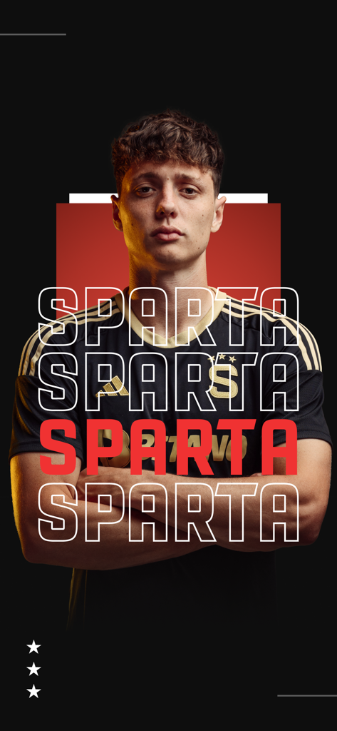 Sparta. - A professional football player wearing the AC Sparta Praha jersey on a stylized app promotional background