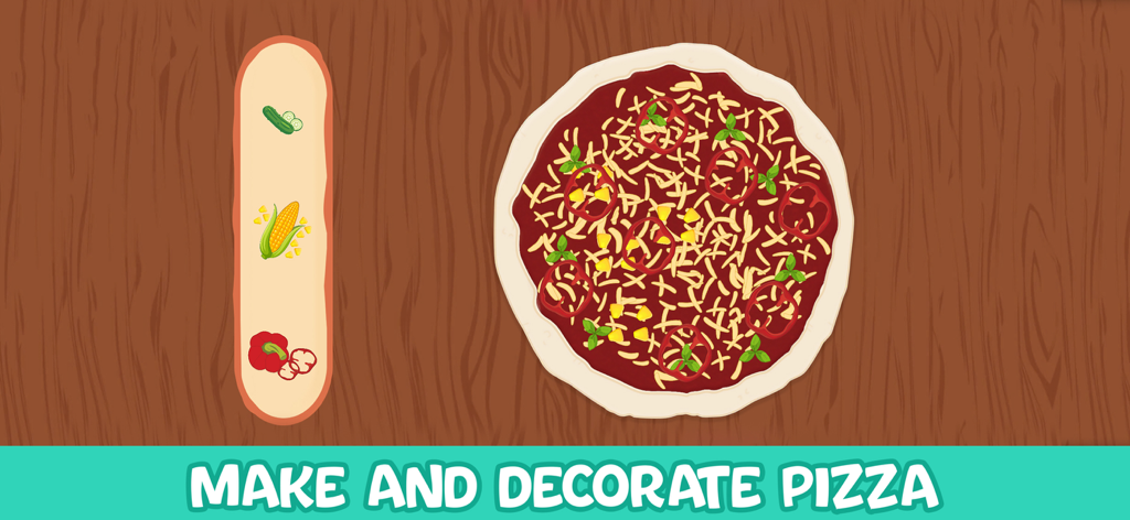 Cooking games for children 2+ - Pantalla para hacer y decorar pizzas en un juego de cocina para niños