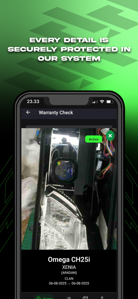 CLAN Automotive - Captura de pantalla de la aplicación CLAN Automotive mostrando un estado de garantía activo para un componente de faro de vehículo.