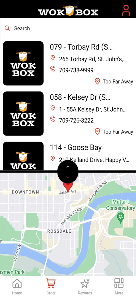 Wok Box® Canada - Écran de l'application Wok Box montrant une liste d'emplacements de restaurants et une vue cartographique