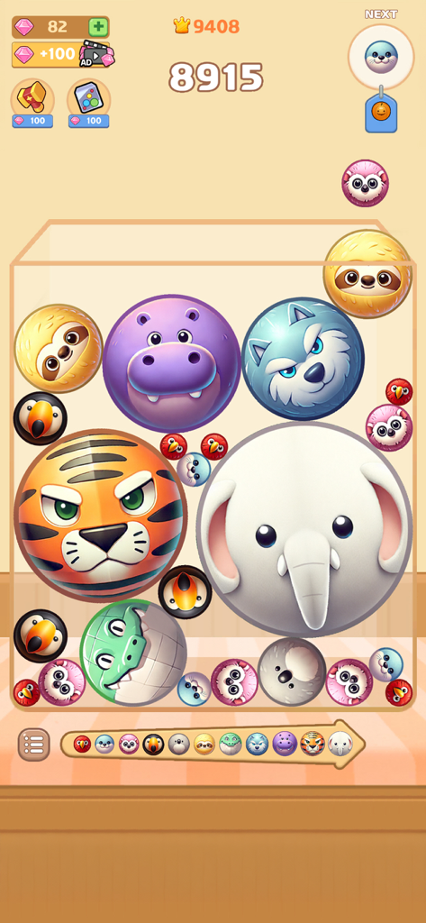 Melon Maker gameplay screenshot showing spherical animals merging in a puzzle box