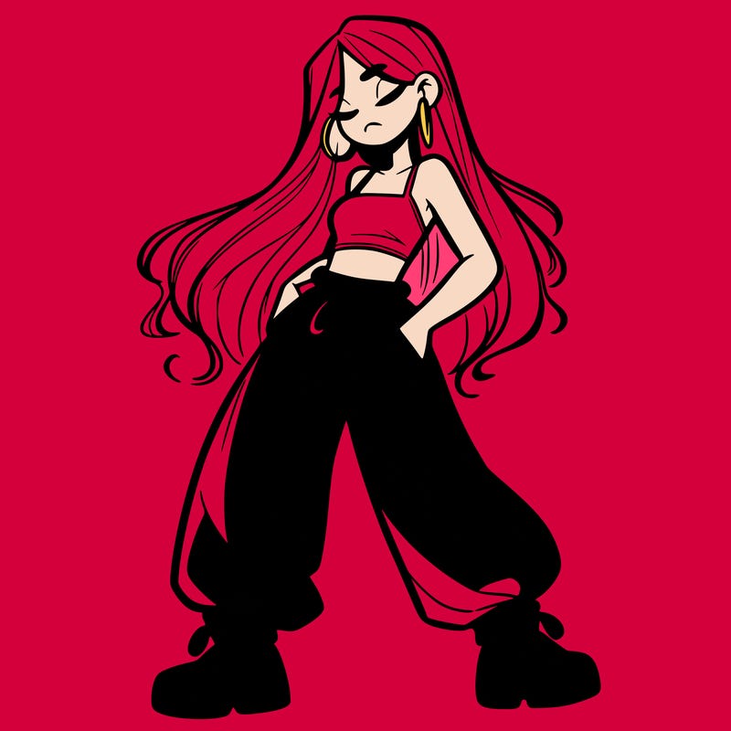 girl in baggy pants crop top and long hair