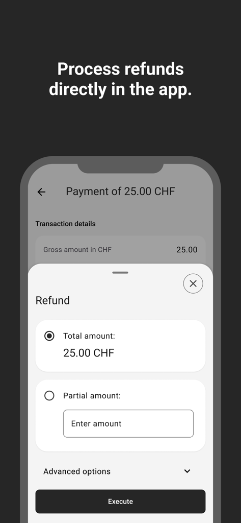 TWINT Business Portal - Eine mobile Benutzeroberfläche des TWINT Business Portals, die Optionen zur Abwicklung einer vollständigen oder teilweisen Rückerstattung für eine Transaktion anzeigt.