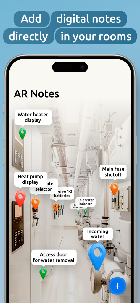 Homer: The Home Management App - Funzione note AR nell'app Homer che mostra etichette digitali su utenze domestiche come scaldacqua e interruttore generale
