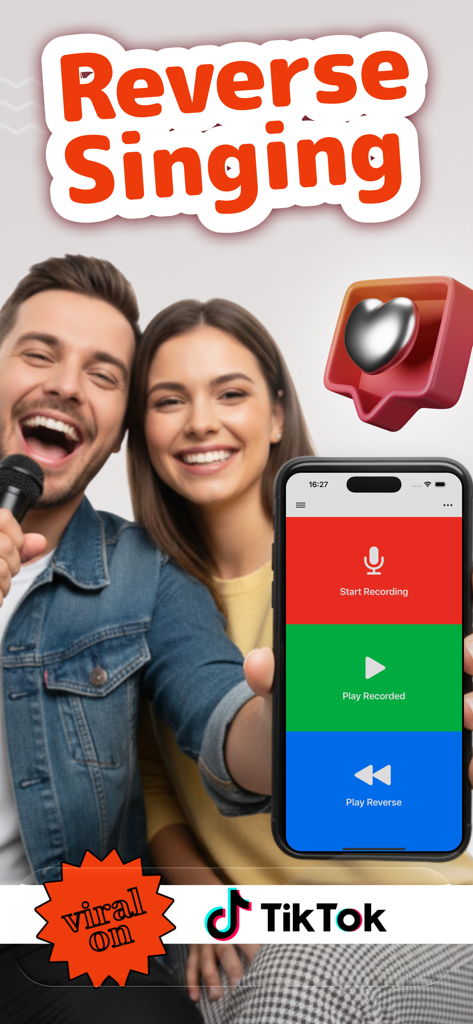 Una pareja joven usando la app Canto Inverso para grabar y reproducir audio al revés para redes sociales.