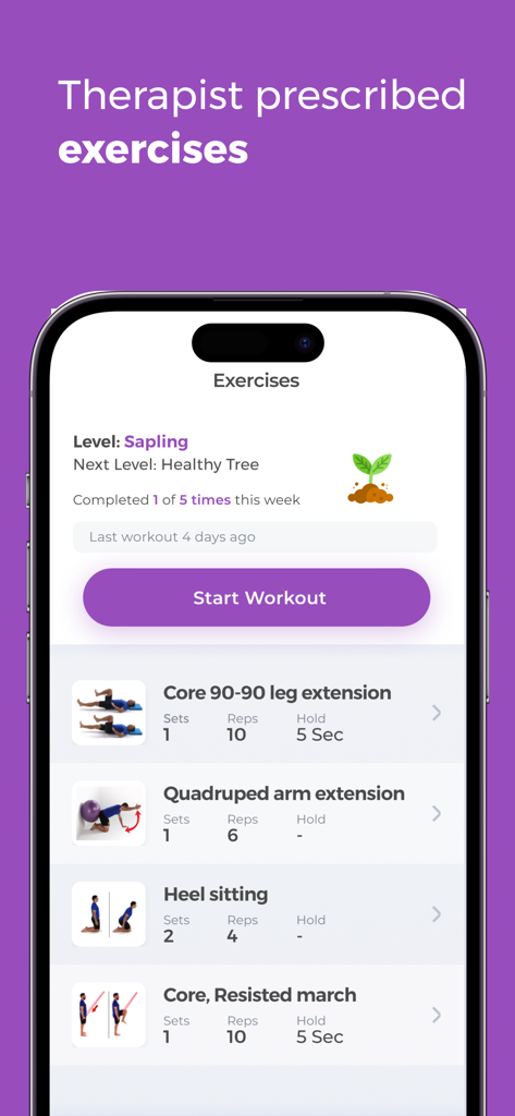 Luna Physical Therapy app screen showing a list of therapist prescribed exercises and a start workout button