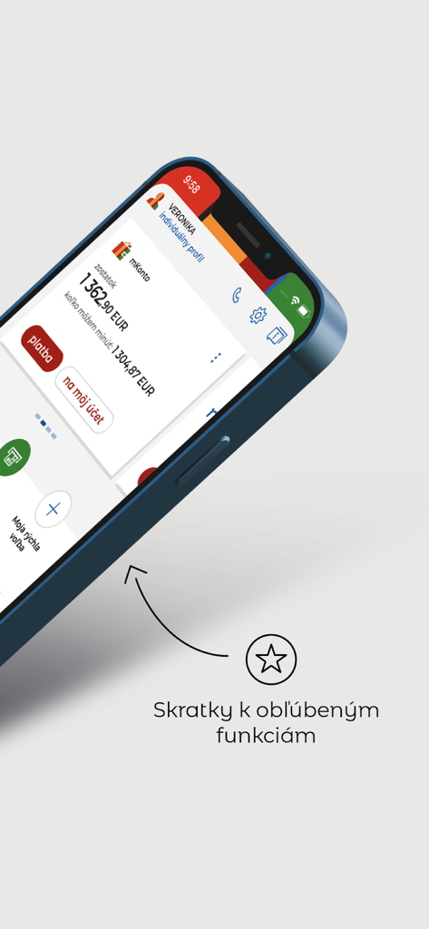 Interfaccia mobile dell'app bancaria mBank SK che evidenzia le scorciatoie rapide su uno schermo di iPhone