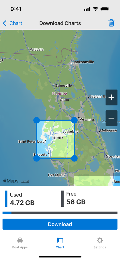 ActiveCaptain® - Écran de l'application ActiveCaptain pour le téléchargement de cartes marines avec une carte de la Floride