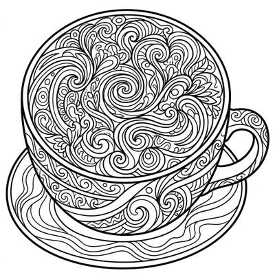 Discover this captivating Psychedelic Latte Art coloring page, featuring intricate swirling patterns within a coffee cup and saucer. It's the perfect canvas to express your creativity with vibrant colors and abstract designs.