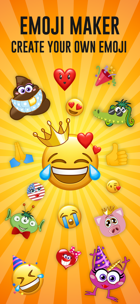 Individuelle Emoji-Kreationen und Avatare auf einem orangefarbenen Sunburst-Hintergrund