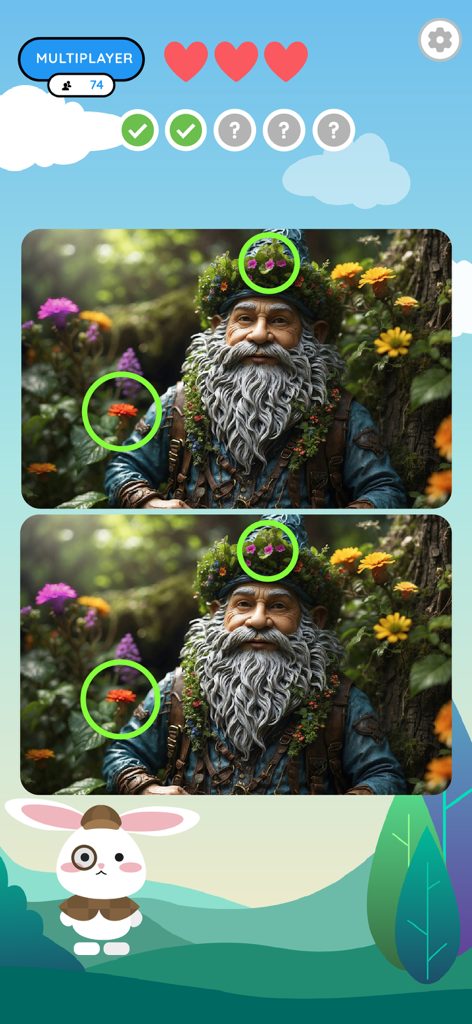Gameplay screen of Spot the Differences XXL showing two images of a gnome with differences circled and a detective rabbit mascot.