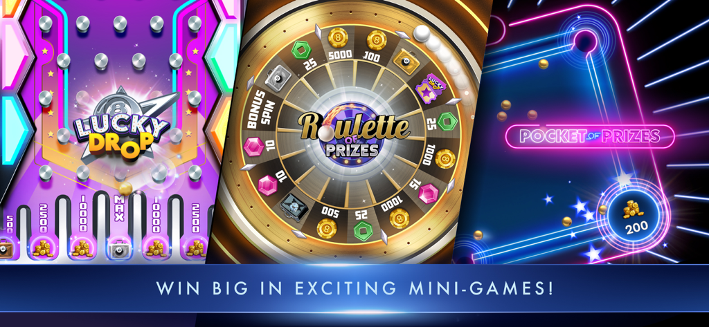 8 Ball Champions - A collage showing 8 Ball Champions mini games including Lucky Drop and Roulette of Prizes