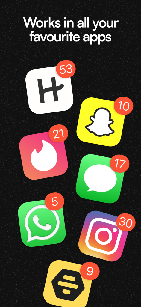 Icons of popular dating and messaging apps like Tinder, Hinge, and WhatsApp with notification badges.