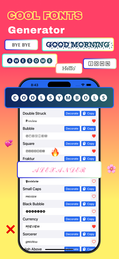 Cool Symbols & Characters - Cool Symbols and Characters mobile app screen showing aesthetic font styles and decoration options.