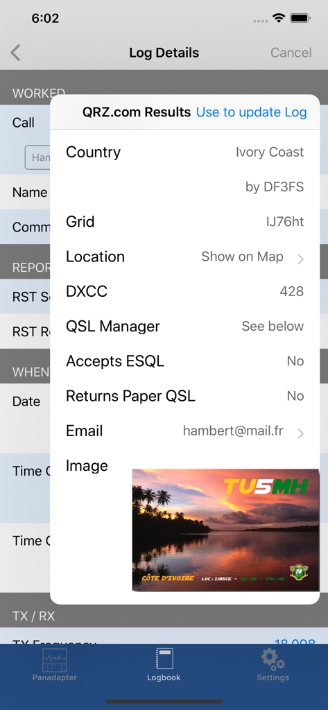 Logbook details and QRZ lookup results in the SmartSDR app showing a contact from Ivory Coast