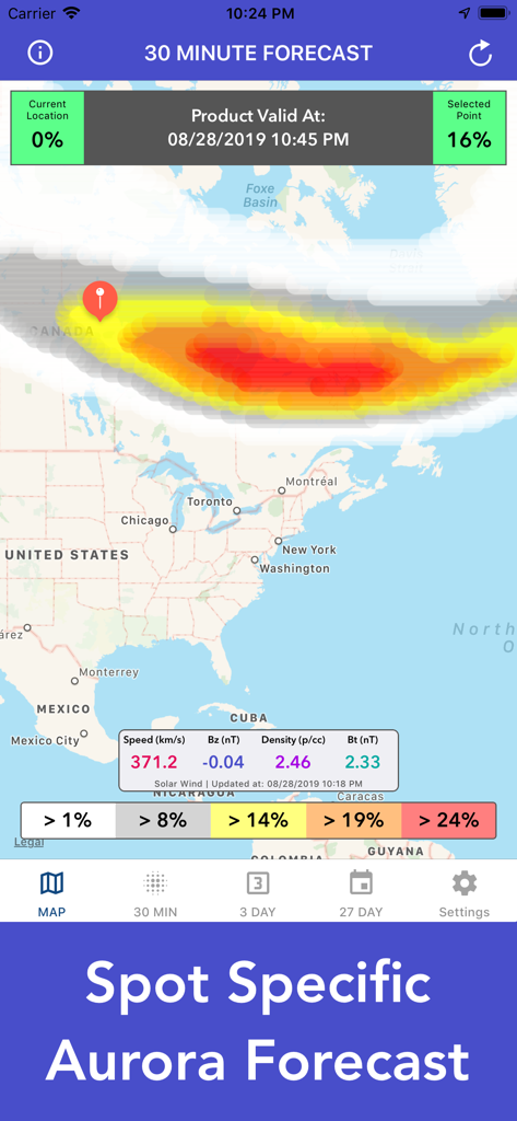 Interactive 30 minute aurora forecast map showing visibility probability and solar wind data for North America