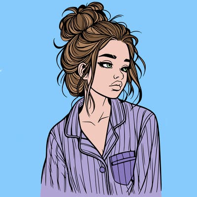 realistic woman with pajamas on and a messy bun
