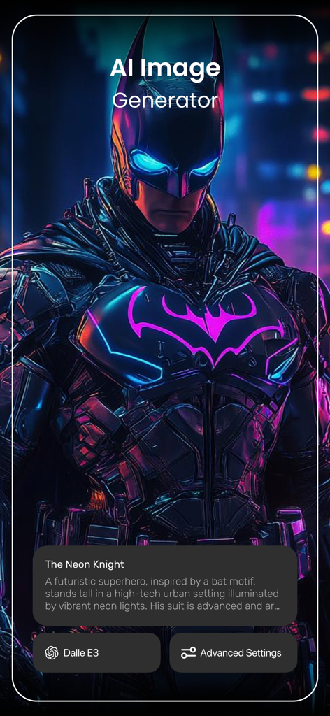 AI Image Generator - Magica - Dalle E3를 사용하여 만들어진 미래형 네온 기사 슈퍼히어로를 보여주는 AI 이미지 생성기 인터페이스