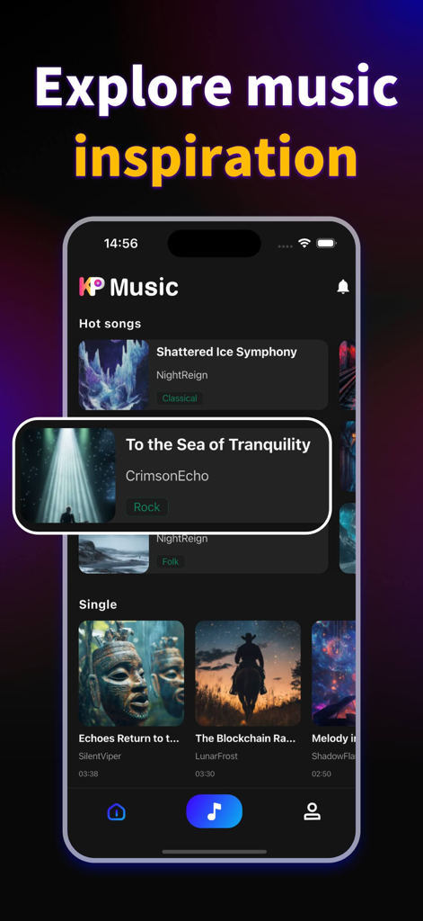 KP - AI Music & Song Generator - Interface of the KP AI Music app showing a discovery screen with hot songs and singles for music inspiration