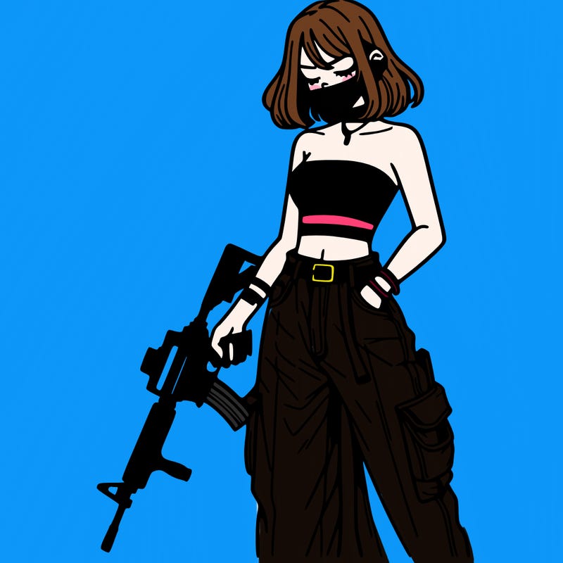 a dangerous girlcrop top and baggy jeans with a rifle in her hand
