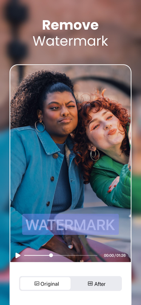 AirVid-AI Quality Enhancer Pro - AirVid app interface showing two women in a video with a watermark removal feature