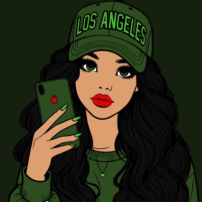 realistic beautiful girl wearing los ángeles cap holding an iphone