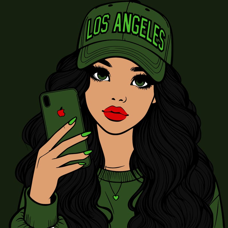 realistic beautiful girl wearing los ángeles cap holding an iphone