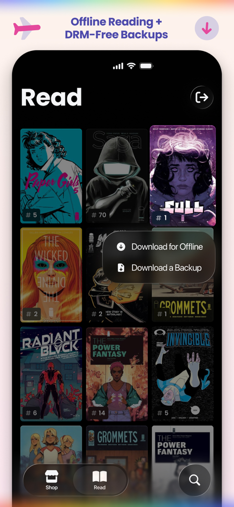 Sweet Shop — Find Your Comic - Sweet Shop app library interface showing options to download comics for offline use and DRM-free backups.