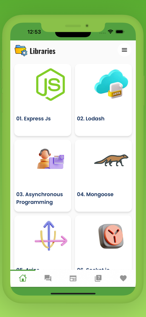 NodeJS Programming Guide - NodeJS Programming Guide App-Oberfläche mit einem Menü von Bibliotheken, einschließlich Express JS, Lodash, Mongoose und asynchrone Programmierung.