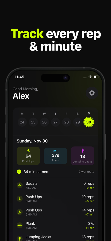 Repscroll: Push Up Screen Time - Repscroll app dashboard showing daily exercise reps and earned screen time minutes