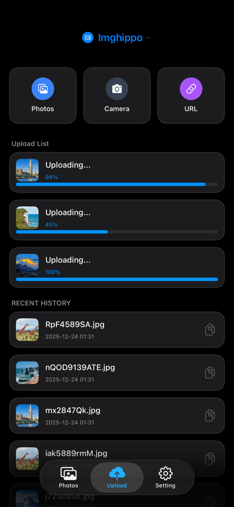 PicLink-Best image Hosting App - Interface of PicLink app showing the progress of multiple images being uploaded and a list of recent history.