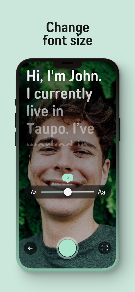 Interface of the Prompted teleprompter app showing a font size adjustment slider over a video recording preview.