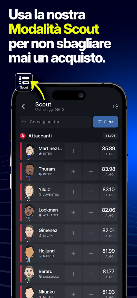 Algo Fantacalcio - Modalità scout dell'app Algo Fantacalcio che visualizza un elenco di giocatori di calcio con classifiche di rendimento.