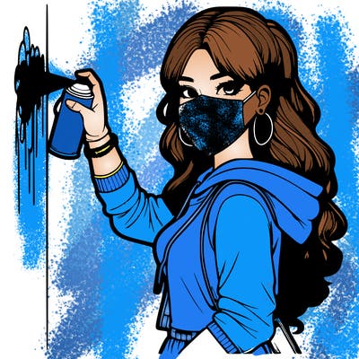 realistic girl with mask spray painting a wall