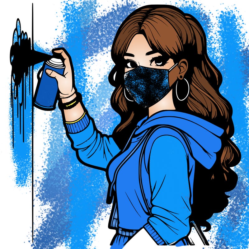 realistic girl with mask spray painting a wall