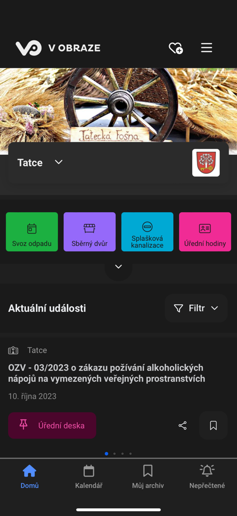 Mobile app home screen for V OBRAZE showing local government updates and municipal service links