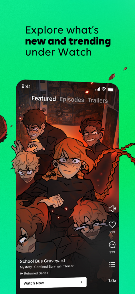 School Bus Graveyardシリーズのトレンドビデオエピソードを示すWEBTOONアプリのWatchタブのスクリーンショット