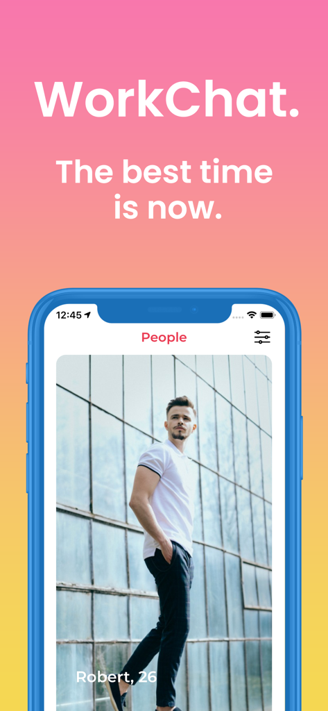 Workchat - Work & Offer - Interfaz de la app WorkChat que muestra una pantalla de perfil de usuario en la sección Personas con el eslogan El mejor momento es ahora