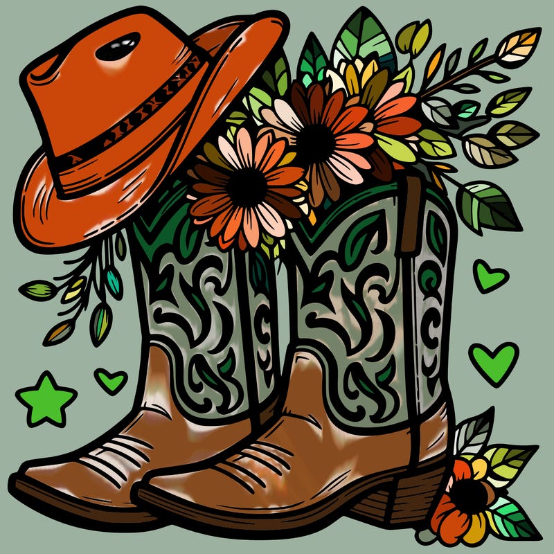 cowboy boots with cowboy hat and flowers