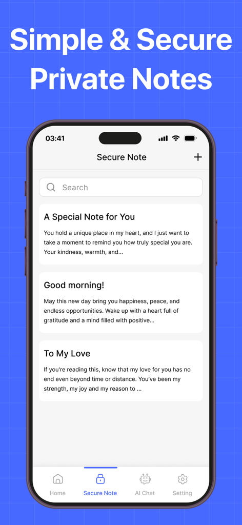 Daily Planner- Digital Planner - Una interfaz de aplicación móvil que muestra la función de notas privadas seguras con entradas de diario de ejemplo